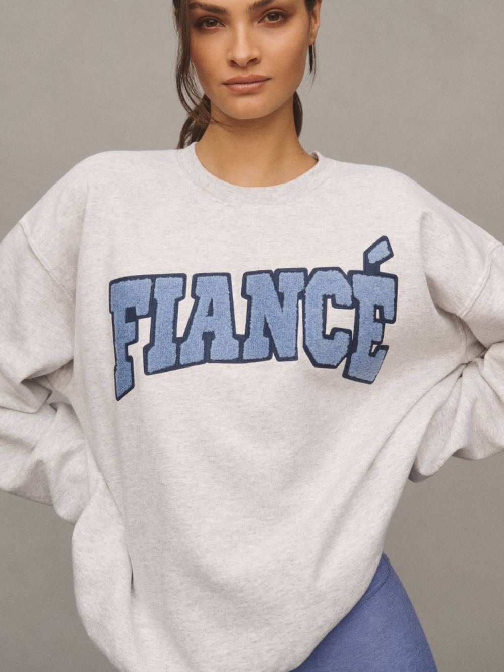 Anthropologie Light Gray Sweatshirt with Blue 'FIANCÉ' Chenille Lettering